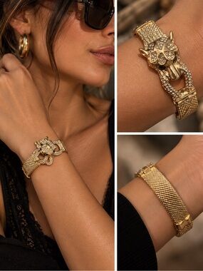 Gold Crystal Panther Mesh Bracelet - Women Jewelry